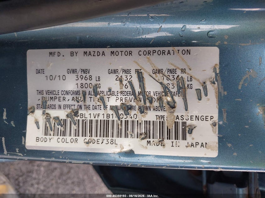 2011 Mazda 3 VIN JM1BL1VF1B1405400 IAAI salvage auction — RIGHT SIDE, Salvage (Missouri), sold $450 on 2026-07-21 (photo 9)