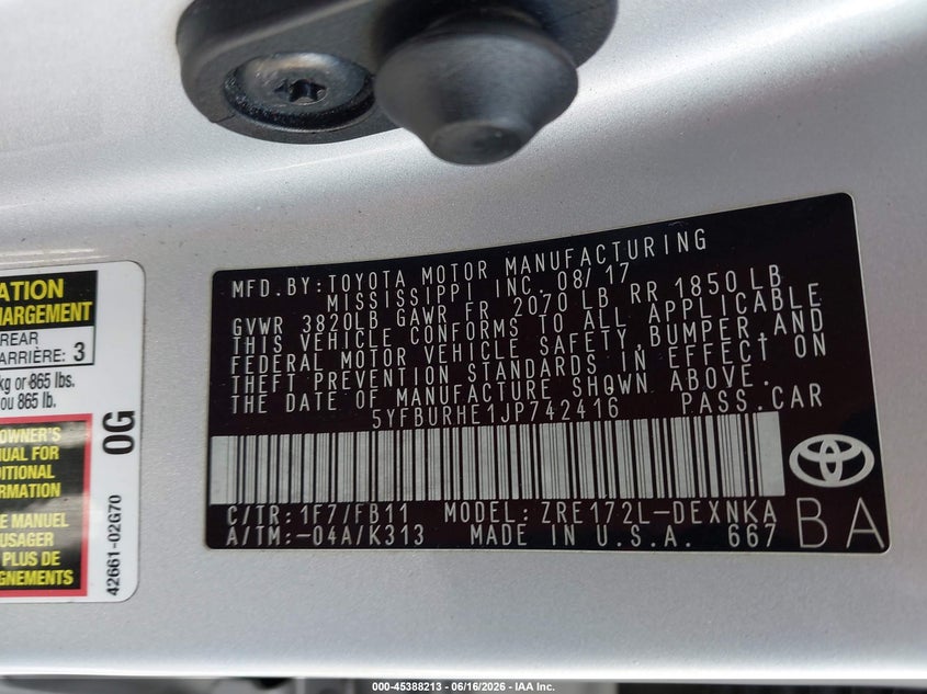 2018 Toyota Corolla VIN 5YFBURHE1JP742416 IAAI salvage auction — FRONT END, Rebuildable (Florida), sold $3,300 on 2026-07-23 (photo 9)