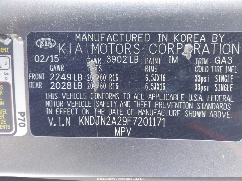 2015 Kia Soul VIN KNDJN2A29F7201171 IAAI salvage auction — NORMAL WEAR, Clear (Pennsylvania), sold $425 on 2026-07-29 (photo 9)