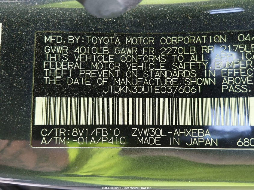 2014 Toyota Prius VIN JTDKN3DU1E0376061 IAAI salvage auction — FRONT END, Salvage (North Carolina), sold $1,000 on 2026-07-22 (photo 9)