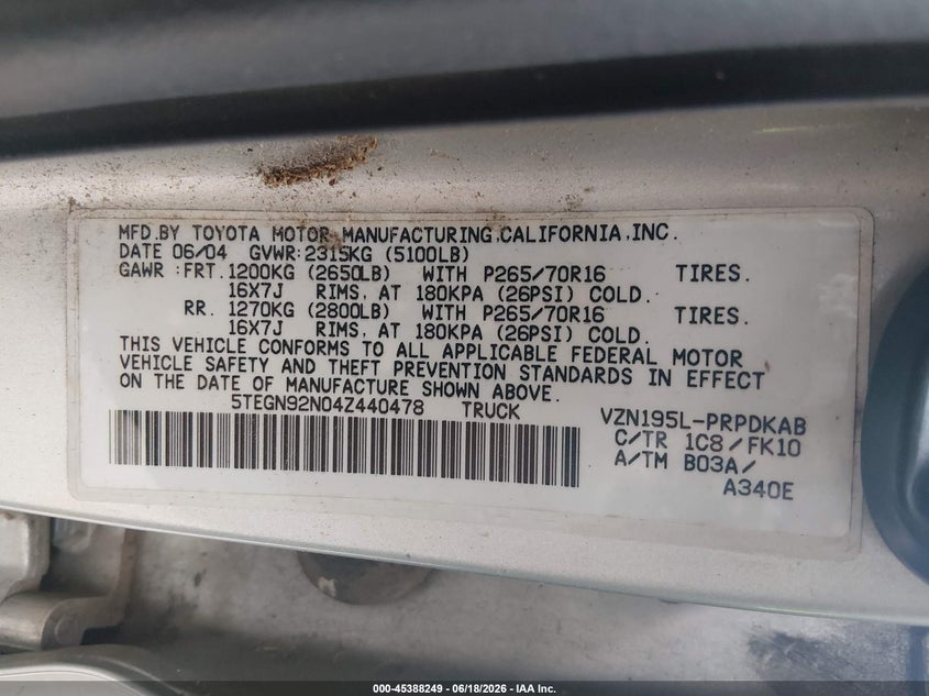 2004 Toyota Tacoma VIN 5TEGN92N04Z440478 IAAI salvage auction — NORMAL WEAR, Clear (Arkansas), sold $1,100 on 2026-07-29 (photo 9)