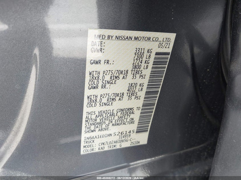 2021 Nissan TITAN VIN 1N6AA1ED1MN526145 IAAI salvage auction — FRONT END, Salvage (Nevada), sold $15,950 on 2026-07-30 (photo 9)