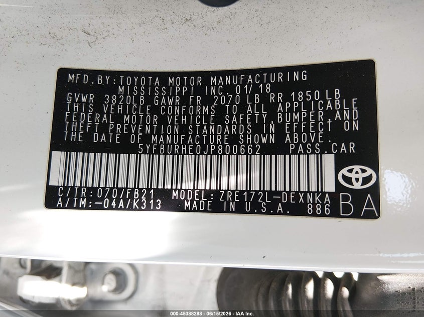 2018 Toyota Corolla VIN 5YFBURHE0JP800662 IAAI salvage auction — RIGHT SIDE, Salvage (California), sold $4,900 on 2026-07-06 (photo 9)