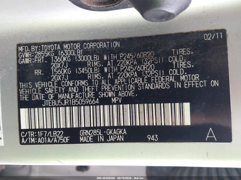 2011 Toyota 4runner VIN JTEBU5JR1B5059664 IAAI salvage auction — ELECTRICAL, Salvage (Georgia), sold $7,100 on 2026-07-09 (photo 9)