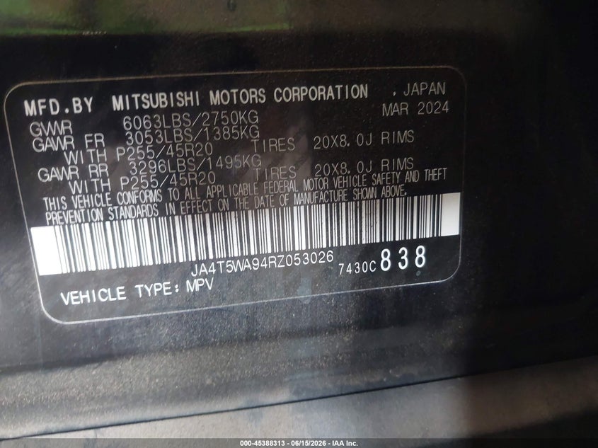 2024 Mitsubishi Outlander VIN JA4T5WA94RZ053026 IAAI salvage auction — NORMAL WEAR, Enterprise Vehicles Clear Only (California), sold $13,200 on 2026-07-07 (photo 9)