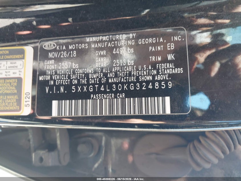 2019 Kia Optima VIN 5XXGT4L30KG324859 IAAI salvage auction — ROLLOVER, Salvage Title, sold $225 on 2026-07-22 (photo 9)