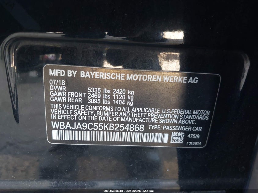 2019 BMW 5er VIN WBAJA9C55KB254868 IAAI salvage auction — REAR END, Salvage Title, sold $6,800 on 2026-08-01 (photo 9)