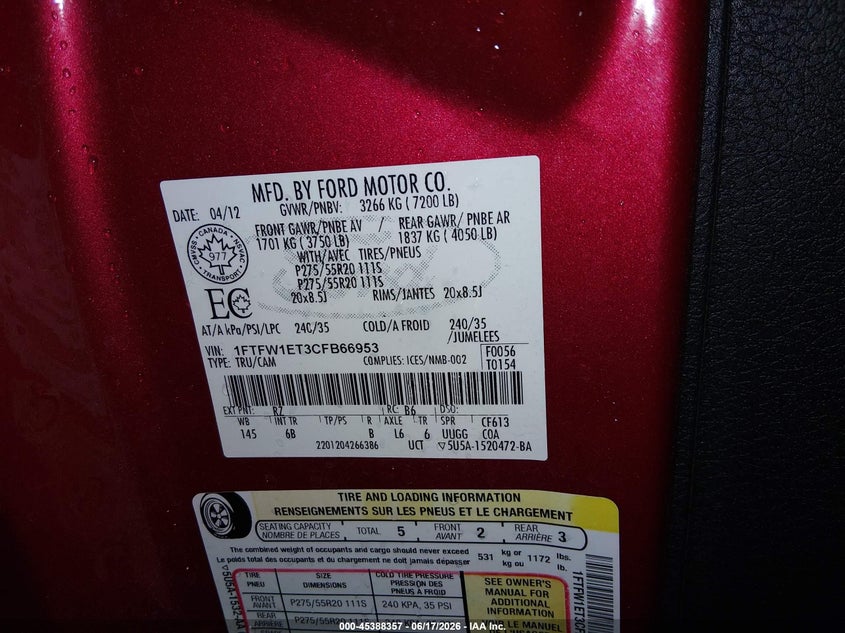 2012 Ford F-150 VIN 1FTFW1ET3CFB66953 IAAI salvage auction — FRONT END, Salvage Title, sold $2,650 on 2026-07-24 (photo 9)