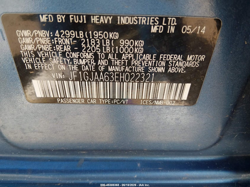 2014 Subaru Impreza VIN JF1GJAA63EH022321 IAAI salvage auction — FRONT END, Clear (Wisconsin), sold $25 on 2026-07-22 (photo 9)