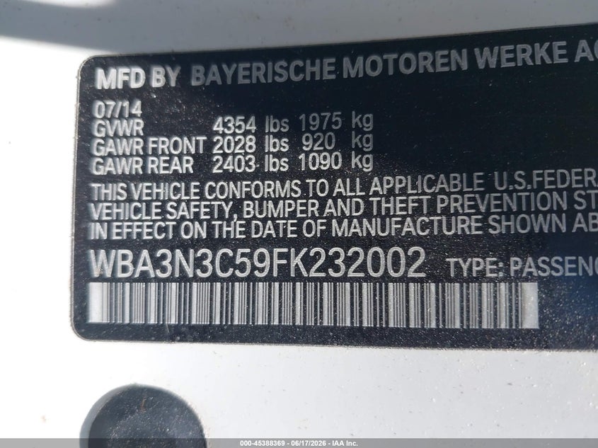 2015 BMW 4er VIN WBA3N3C59FK232002 IAAI salvage auction — FRONT & REAR, Clear (Virginia), sold $3,050 on 2026-07-06 (photo 9)