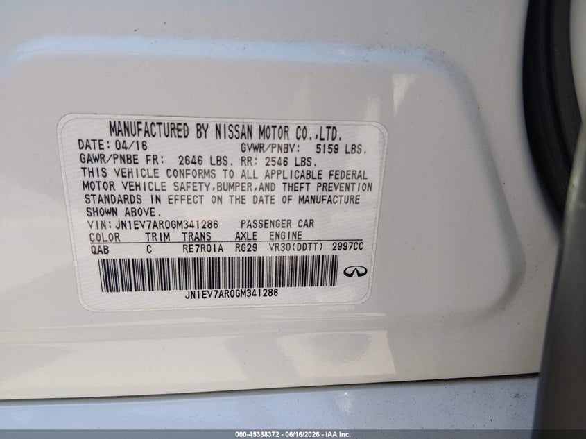2016 Infiniti Q50 VIN JN1EV7AR0GM341286 IAAI salvage auction — LEFT FRONT, Salvage Title, sold $3,150 on 2026-07-16 (photo 9)