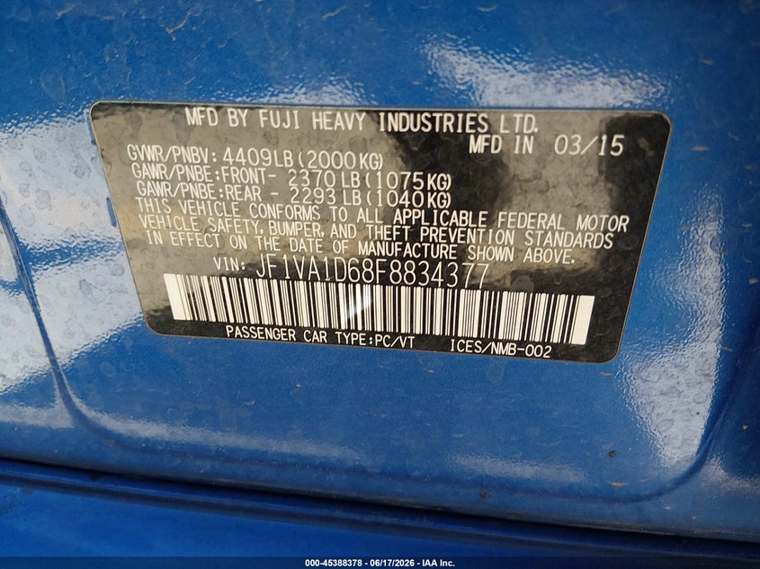2015 Subaru Wrx VIN JF1VA1D68F8834377 IAAI salvage auction — FRONT END, Salvage Title, sold $5,050 on 2026-07-30 (photo 9)