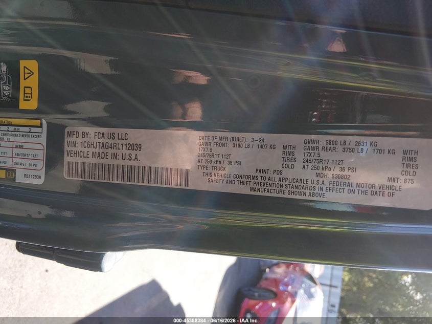 2024 Jeep Gladiator VIN 1C6HJTAG4RL112039 IAAI salvage auction — SIDE, Salvage (Utah), sold $16,100 on 2026-07-30 (photo 9)