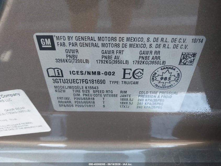 2015 Gmc SIERRA VIN 3GTU2UEC7FG181690 IAAI salvage auction — REAR END, Salvage (Nevada), sold $3,600 on 2026-07-25 (photo 9)