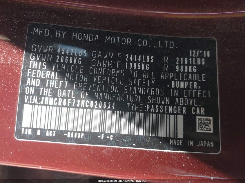 2017 Honda Accord VIN JHMCR6F73HC020634 IAAI salvage auction — FRONT END, Salvage - Greater Than 75% (Maryland), sold $3,650 on 2026-07-22 (photo 9)