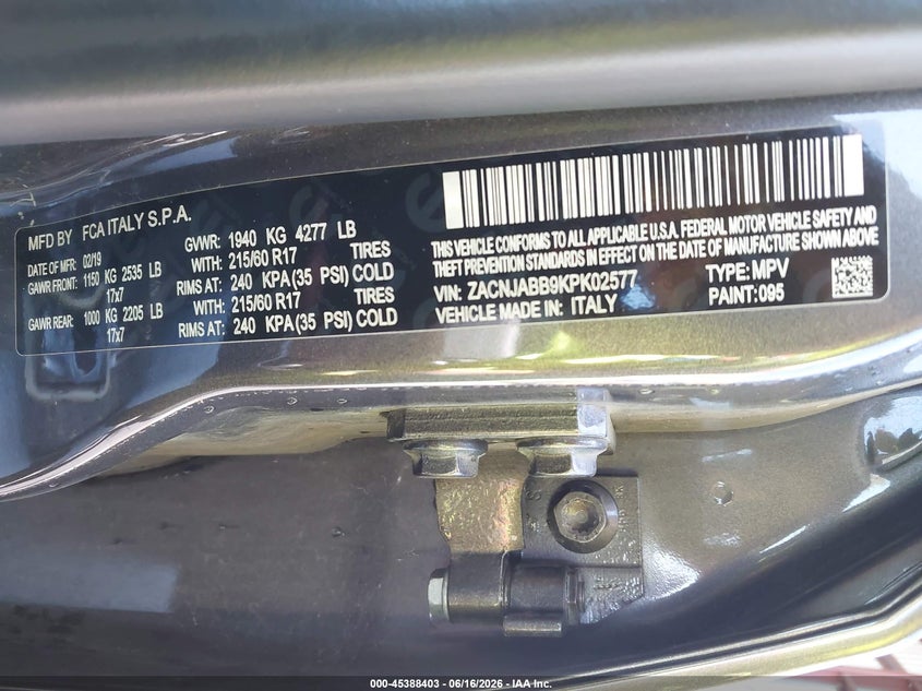 2019 Jeep Renegade VIN ZACNJABB9KPK02577 IAAI salvage auction — REAR END, Salvage Title, sold $1,850 on 2026-08-13 (photo 9)