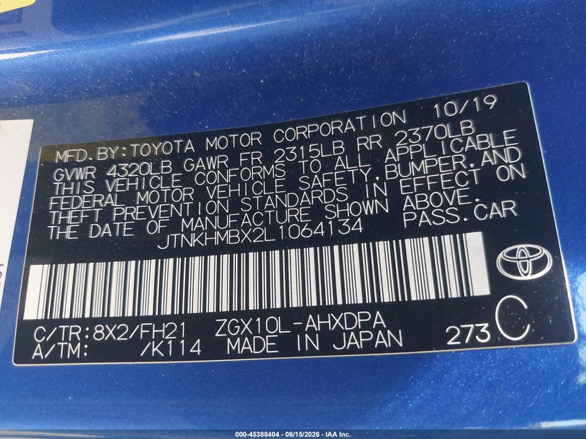 2020 Toyota C-hr VIN JTNKHMBX2L1064134 IAAI salvage auction — FRONT END, Salvage Title, sold $4,900 on 2026-07-22 (photo 9)