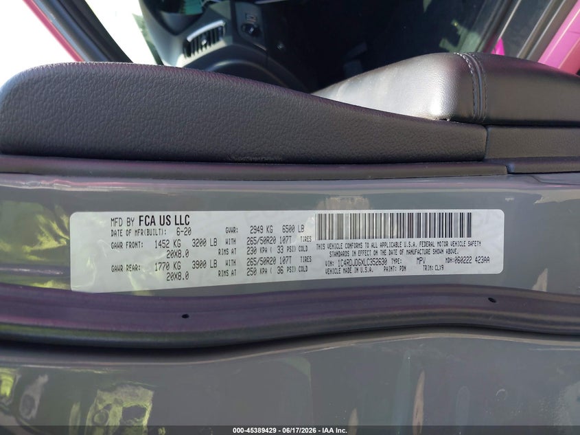 2020 Dodge Durango VIN 1C4RDJDGXLC352630 IAAI salvage auction — FRONT END, Wait Title, sold $10,500 on 2026-07-31 (photo 9)