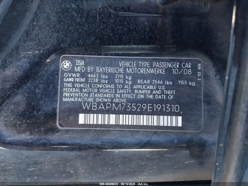 2009 BMW 3 series VIN WBAPM73529E191310 IAAI salvage auction — RIGHT REAR, Bill Of Sale (Washington), sold $700 on 2026-07-30 (photo 9)