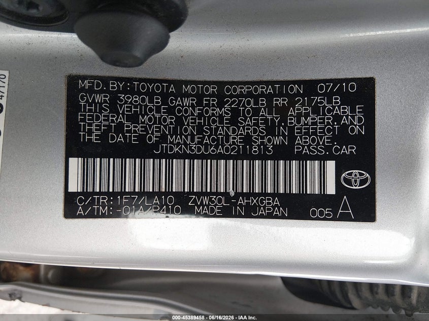2010 Toyota Prius VIN JTDKN3DU6A0211813 IAAI salvage auction — FRONT END, Bill Of Sale (Washington), sold $850 on 2026-07-15 (photo 9)