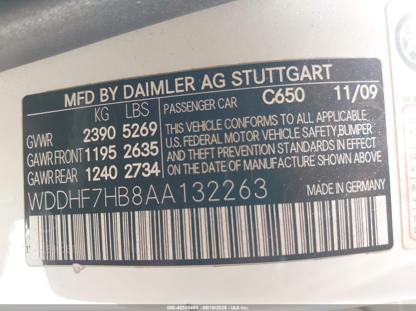 2010 Mercedes-benz E-class VIN WDDHF7HB8AA132263 IAAI salvage auction — FRONT END, Salvage (California), sold $4,250 on 2026-07-09 (photo 9)