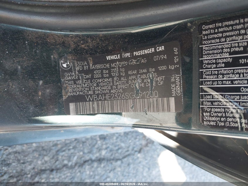 1995 BMW 5 series VIN WBAHE2326SGE91200 IAAI salvage auction — NORMAL WEAR, Clear - Dealer Only (California), sold $200 on 2026-07-14 (photo 9)