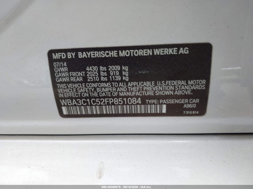 2015 BMW 3er VIN WBA3C1C52FP851084 IAAI salvage auction — RIGHT FRONT, Salvage Title, sold $2,650 on 2026-07-29 (photo 9)
