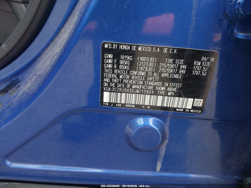 2018 Honda Hr-v VIN 3CZRU5H30JM715604 IAAI salvage auction — BIO HAZARD, Salvage Title, sold $5,500 on 2026-07-27 (photo 9)