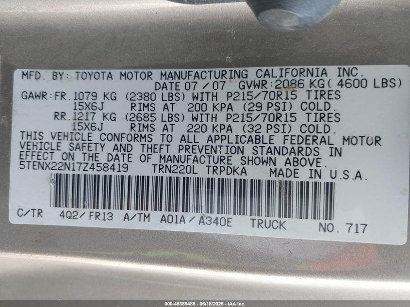 2007 Toyota Tacoma VIN 5TENX22N17Z458419 IAAI salvage auction — NORMAL WEAR, Clear - Dealer Only (California), sold $1,700 on 2026-07-07 (photo 9)