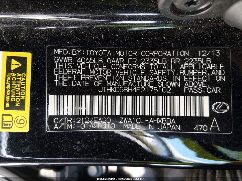 2014 Lexus Ct VIN JTHKD5BH4E2175102 IAAI salvage auction — SIDE, Salvage (California), sold $1,900 on 2026-07-09 (photo 9)
