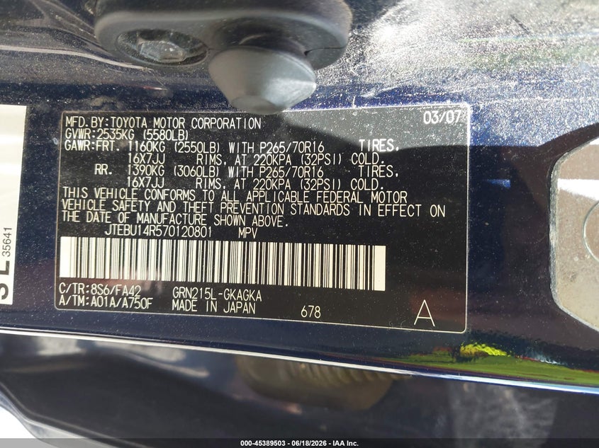 2007 Toyota 4runner VIN JTEBU14R570120801 IAAI salvage auction — NORMAL WEAR, Clear (Michigan), sold $1,650 on 2026-07-09 (photo 9)