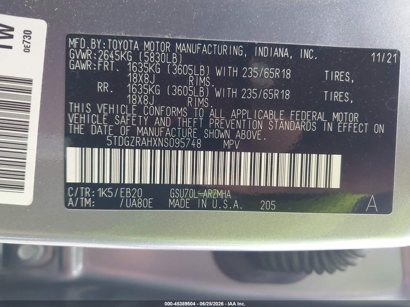 2022 Toyota Highlander VIN 5TDGZRAHXNS095748 IAAI salvage auction — RIGHT REAR, Salvage (Louisiana), sold $15,350 on 2026-07-15 (photo 9)