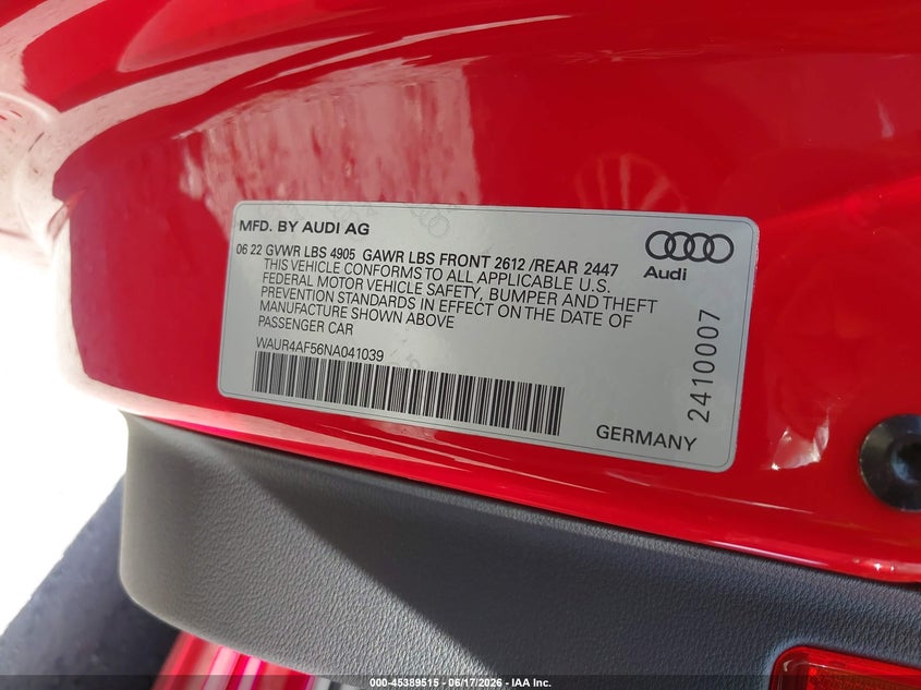 2022 Audi S5 VIN WAUR4AF56NA041039 IAAI salvage auction — REAR END, Salvage Title, sold $20,050 on 2026-07-22 (photo 9)