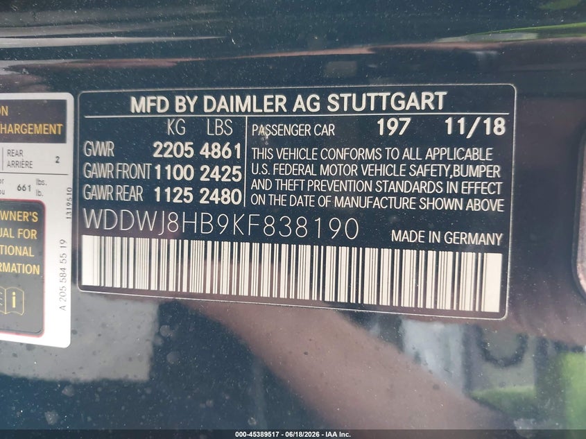 2019 Mercedes-benz VIN WDDWJ8HB9KF838190 IAAI salvage auction — FRONT END, Salvage Certificate (California), sold $4,350 on 2026-07-29 (photo 9)