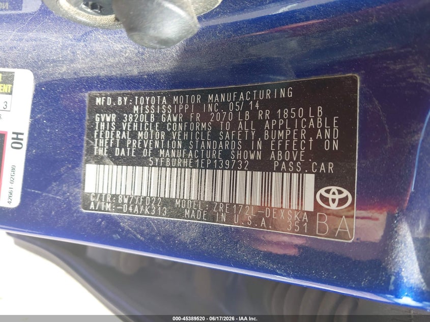2014 Toyota Corolla VIN 5YFBURHE1EP139732 IAAI salvage auction — RIGHT SIDE, Regular (South Dakota), sold $1,050 on 2026-07-21 (photo 9)