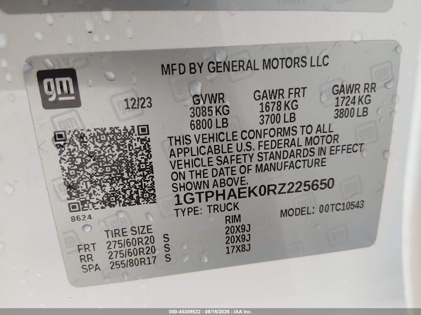 2024 Gmc SIERRA VIN 1GTPHAEK0RZ225650 IAAI salvage auction — LEFT REAR, Salvage Title, sold $9,650 on 2026-08-27 (photo 9)