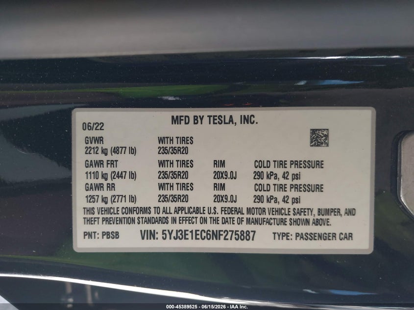 2022 Tesla Model 3 VIN 5YJ3E1EC6NF275887 IAAI salvage auction — RIGHT SIDE, Salvage (California), sold $11,700 on 2026-07-15 (photo 9)