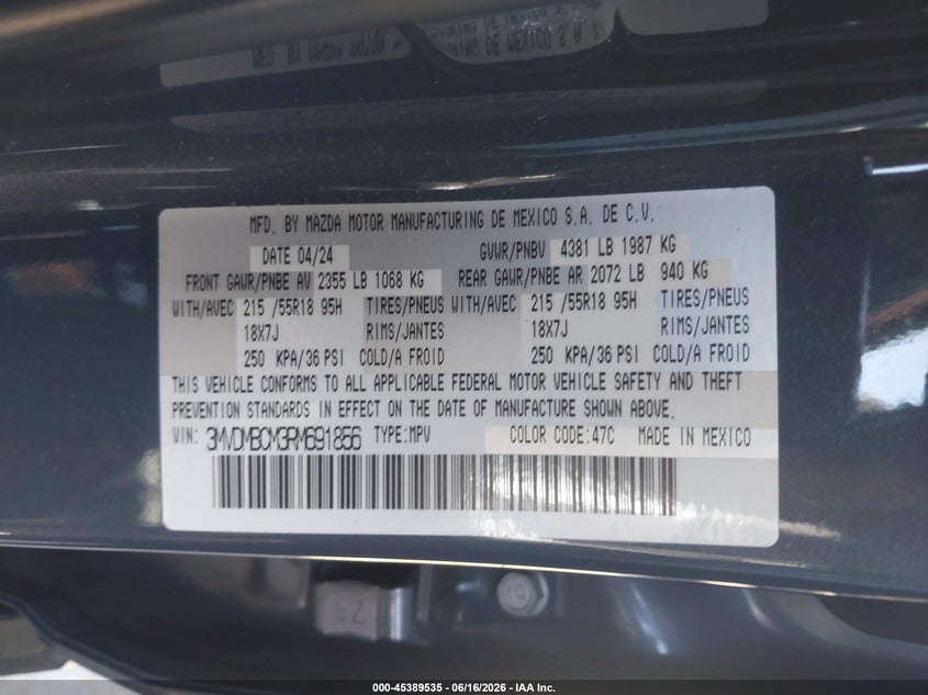 2024 Mazda Cx-30 VIN 3MVDMBCM3RM691856 IAAI salvage auction — LEFT FRONT, Salvage (California), sold $7,650 on 2026-07-22 (photo 9)