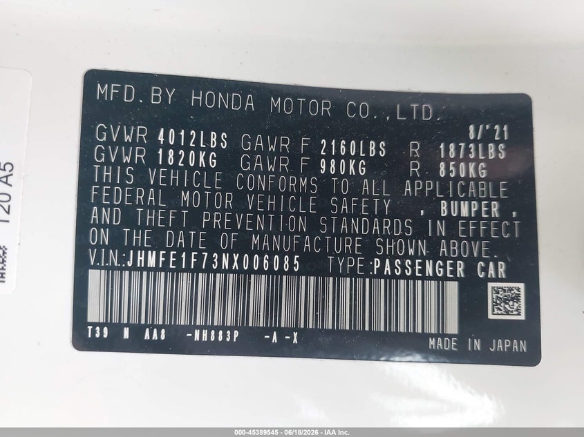 2022 Honda Civic VIN JHMFE1F73NX006085 IAAI salvage auction — FRONT END, Salvage - Greater Than 75% (Maryland), sold $7,350 on 2026-07-15 (photo 9)