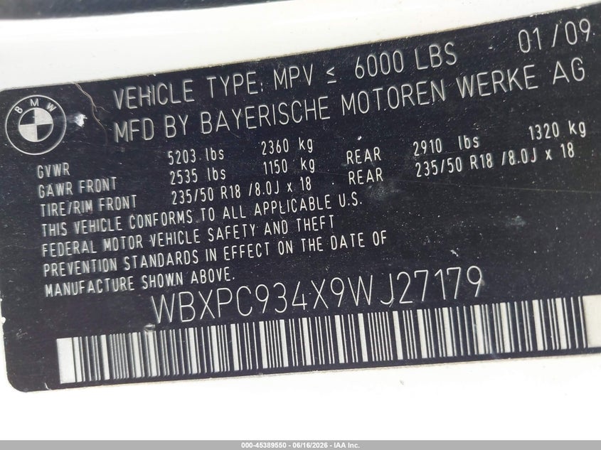 2009 BMW X3 VIN WBXPC934X9WJ27179 IAAI salvage auction — NORMAL WEAR, Clear (Pennsylvania), sold $475 on 2026-07-08 (photo 9)