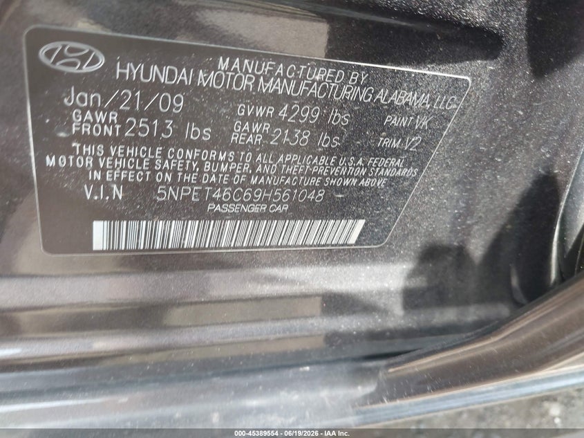 2009 Hyundai Sonata VIN 5NPET46C69H561048 IAAI salvage auction — NORMAL WEAR, Clear (New York), sold $2,600 on 2026-07-15 (photo 9)