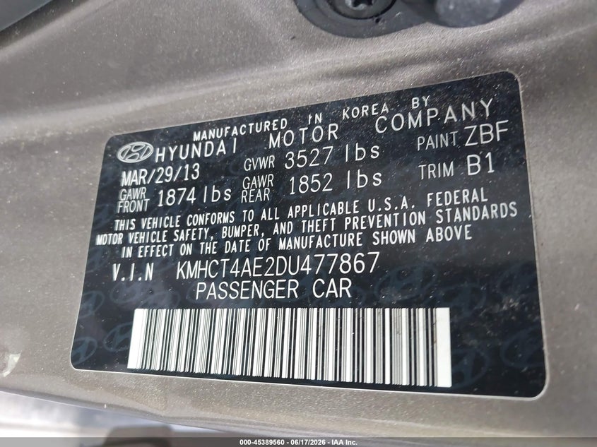 2013 Hyundai Accent VIN KMHCT4AE2DU477867 IAAI salvage auction — NORMAL WEAR, Clear (Montana), sold $650 on 2026-07-08 (photo 9)