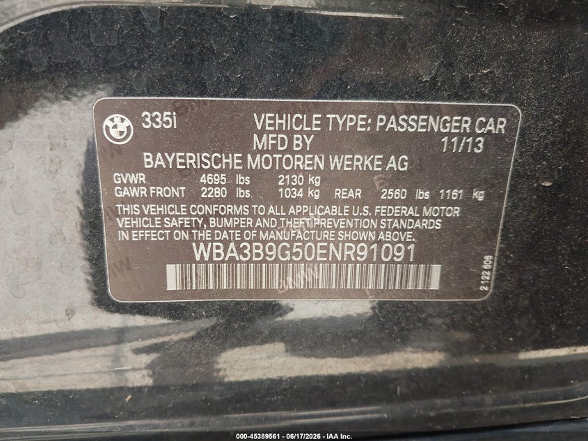 2014 BMW VIN WBA3B9G50ENR91091 IAAI salvage auction — LEFT FRONT, Salvage (Missouri), sold $4,550 on 2026-07-30 (photo 9)