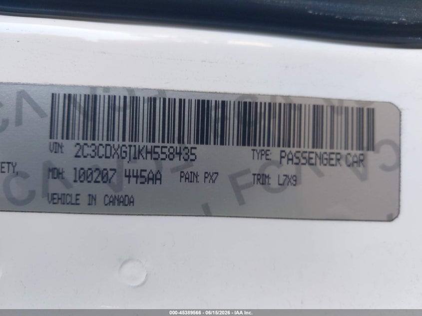 2019 Dodge Charger VIN 2C3CDXGJ1KH558435 IAAI salvage auction — FRONT END, Regular (South Dakota), sold $9,200 on 2026-07-31 (photo 9)