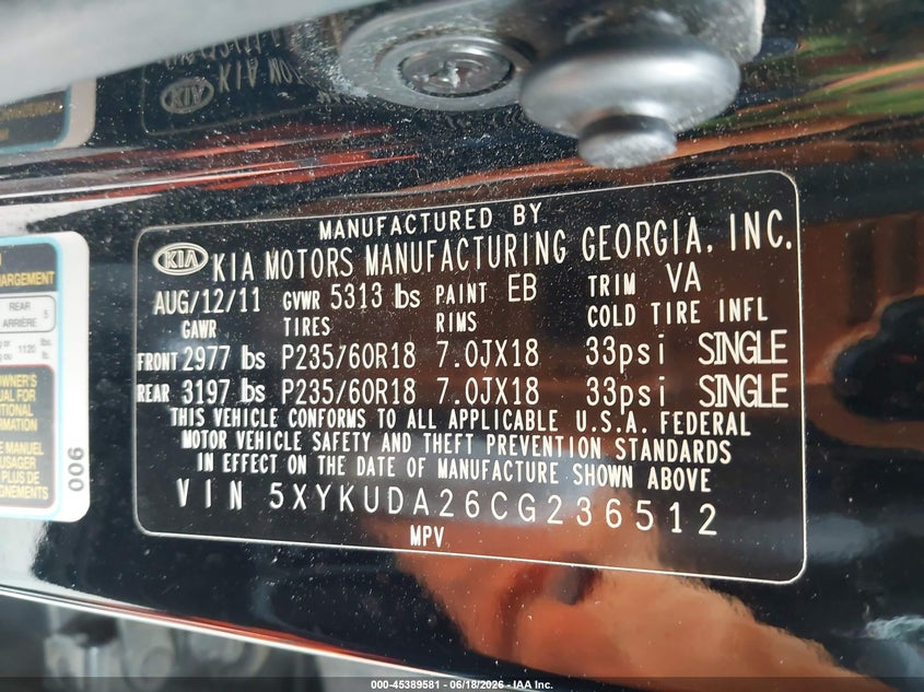 2012 Kia Sorento VIN 5XYKUDA26CG236512 IAAI salvage auction — FRONT END, Salvage - Greater Than 75% (Maryland), sold $400 on 2026-07-29 (photo 9)
