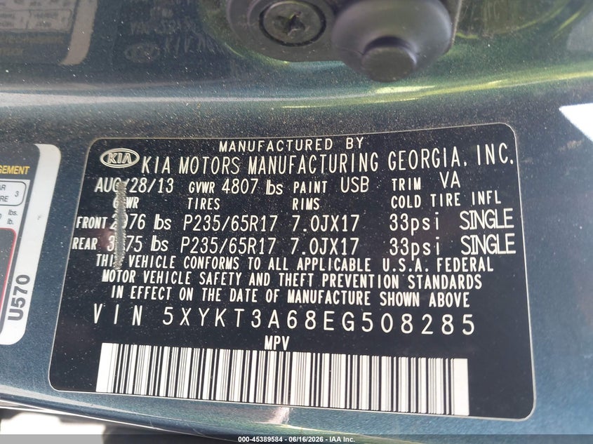 2014 Kia Sorento VIN 5XYKT3A68EG508285 IAAI salvage auction — FRONT END, Salvage Title, sold $775 on 2026-08-01 (photo 9)
