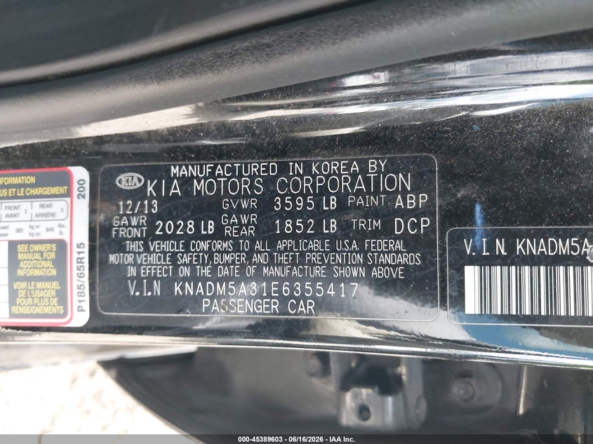 2014 Kia Rio VIN KNADM5A31E6355417 IAAI salvage auction — NORMAL WEAR, Clear (Washington), sold $750 on 2026-07-22 (photo 9)