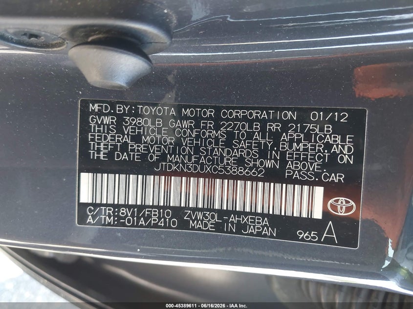 2012 Toyota Prius VIN JTDKN3DUXC5388662 IAAI salvage auction — FRONT END, Salvage (California), sold $1,125 on 2026-07-07 (photo 9)
