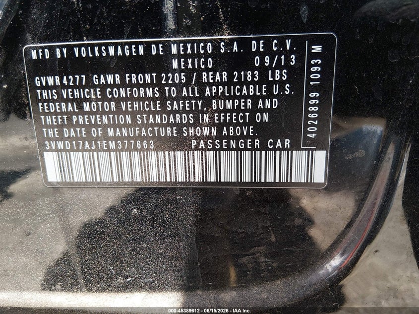 2014 Volkswagen Jetta VIN 3VWD17AJ1EM377663 IAAI salvage auction — NORMAL WEAR, Regular (Nevada), sold $675 on 2026-07-24 (photo 9)