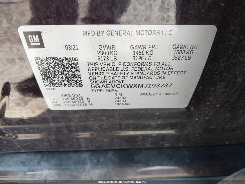 2021 Buick Enclave VIN 5GAEVCKWXMJ193737 IAAI salvage auction — HAIL, Salvage (Iowa), sold $8,900 on 2026-07-28 (photo 9)